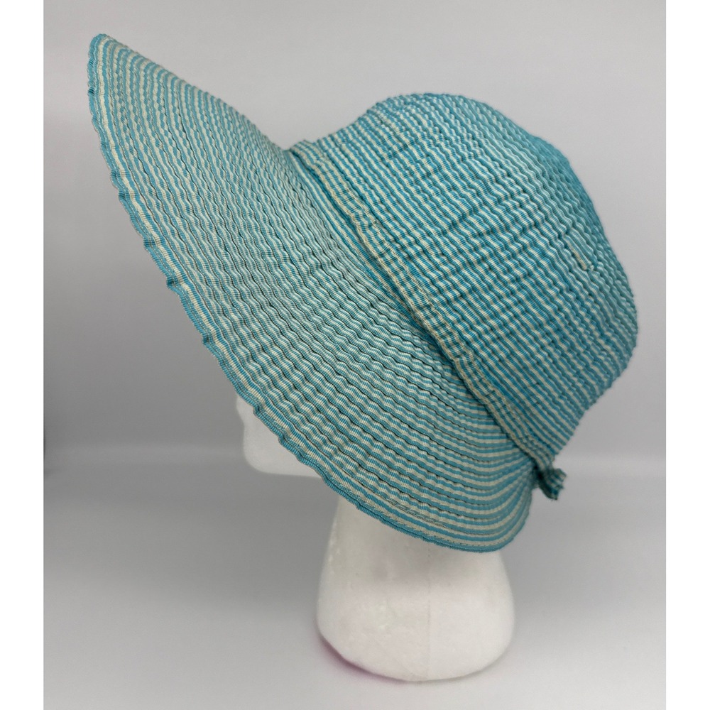 Cappelli Straworld Turquoise Blue White Striped Wide Brim Floppy Sun Hat Bonnet - Picture 3 of 9